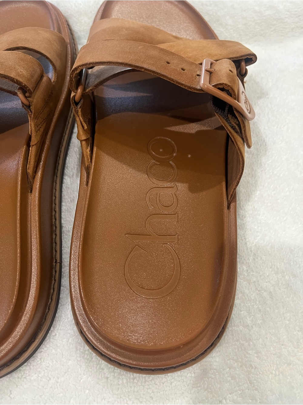 Chaco Tan Suede Crossband Slide Sandals - Picture 2 of 7